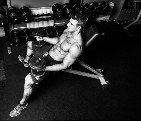 Man holding dumbbells in gym for his aesthetic workout