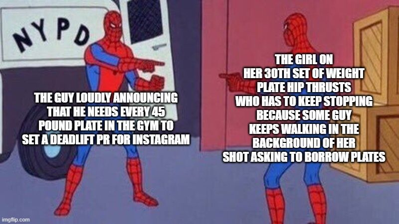 spiderman pointing meme - guys and girls recording at the gym