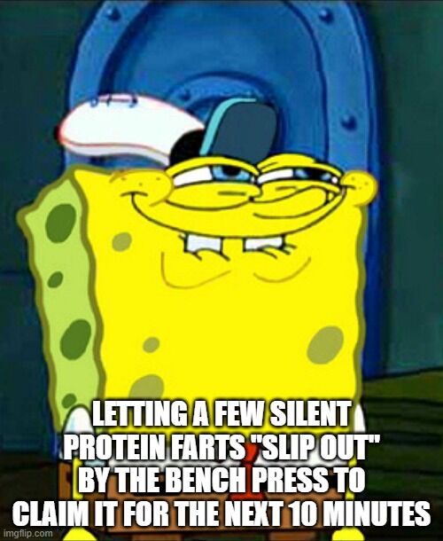 Spongebob smiling - letting out protein farts by the bench