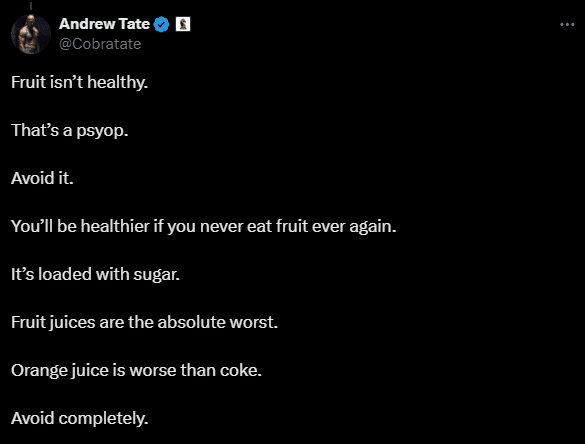 andrew tate tweet about sugar and fruit