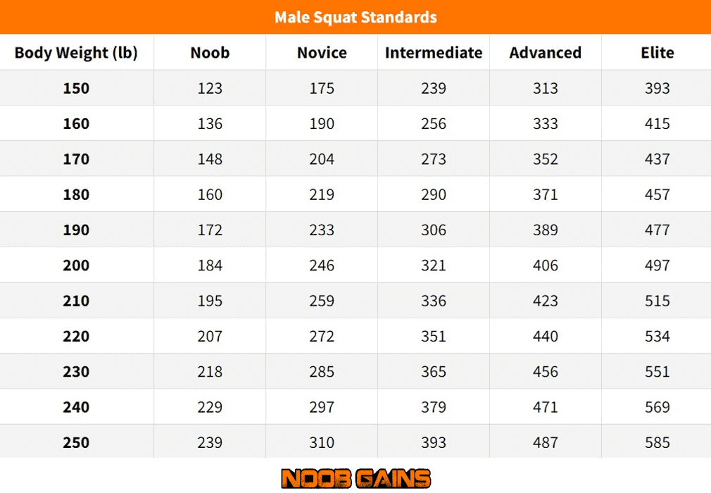 Male squat standards table